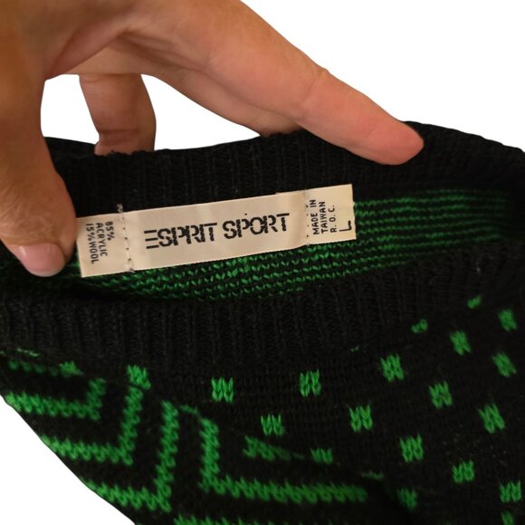 Esprit Sport Vintage 80s Zigzag Oversized Sweater Womens Size L Black Green - Picture 7 of 7
